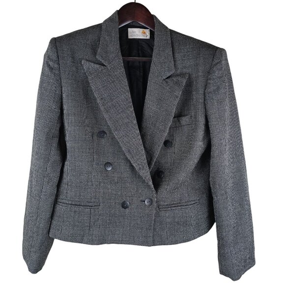 Liz Claiborne Vintage 90s Houndstooth Wool Double-Breasted Cropped Blazer - Picture 1 of 10